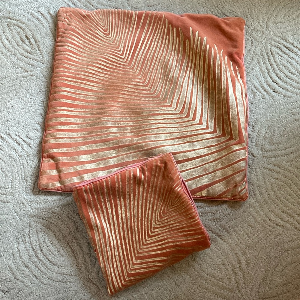 Set/2 COMPANY C *Euro* Orange Velvet Pillowcases w/Gold Embossed Pattern